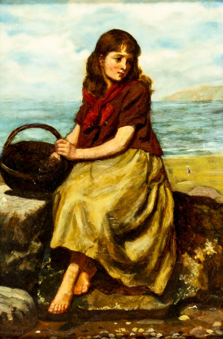 J McEwen (UK,19C) oil painting antique: ARTIST: J McEwen (United Kingdom, 19 century) TITLE: Girl with Basket YEAR: 1888 MEDIUM: oil on canvas CONDITION: Two small patches. Few small paint loss