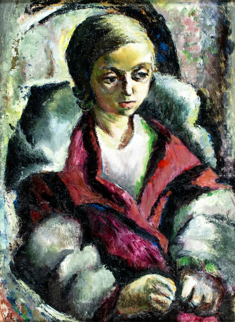 Dorothy Van Loan (PA,1904-1999) oil painting: ARTIST: Dorothy Van Loan (Pennsylvania, 1904 - 1999) TITLE: Portrait of Woman MEDIUM: oil on canvas CONDITION: Relined. Some scattered inpaintings. Wear to frame.
