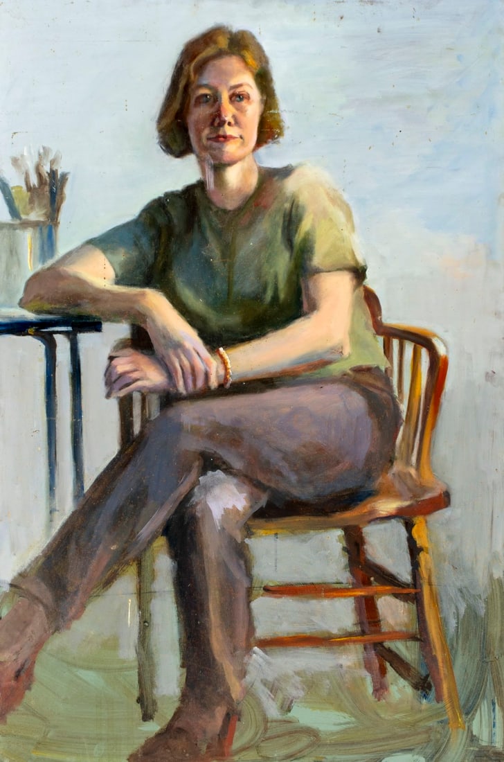 John Reilly (NY,NJ,1942-2021) oil painting: ARTIST: John Reilly (New York, New Jersey, 1942 - 2021) TITLE: Portrait of Seated Woman MEDIUM: oil on board CONDITION: Minor damages to corners. Some scratches/paint loss