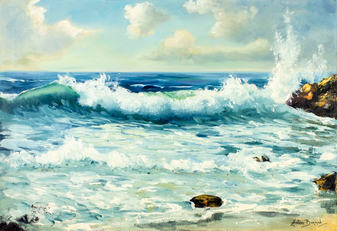 Leonard Borman (CA,OR,1894-1995) oil painting: ARTIST: Leonard Borman (California, Oregon, 1894 - 1995) TITLE: Seascape MEDIUM: oil on canvas CONDITION: Missing a few flakes of paint. Some craquelure. No visible inpain
