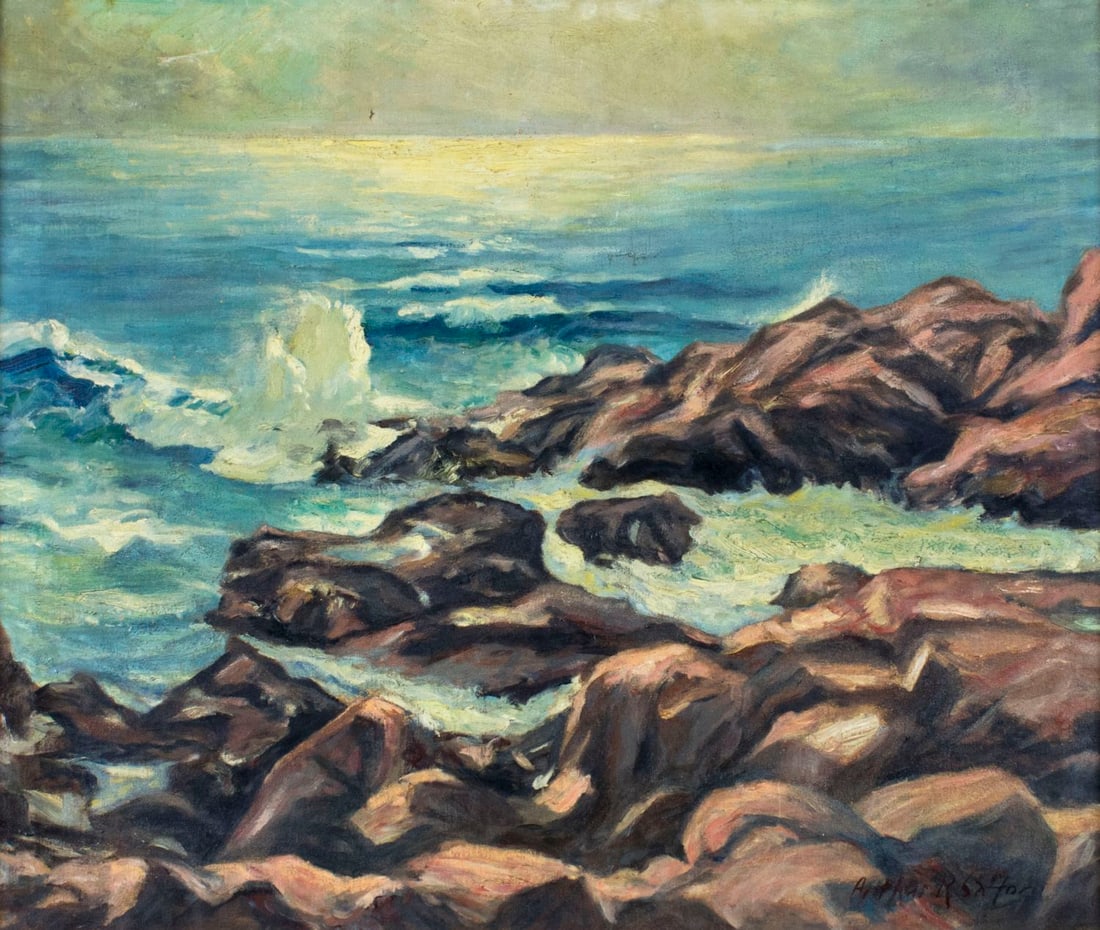 Arthur R Safton (US,mid 20C) oil painting: ARTIST: Arthur R Safton (American, mid 20 century) TITLE: Seascape MEDIUM: oil on canvas CONDITION: Relined. Few small paint losses. Minor flaking. Minor craquelure. No visi