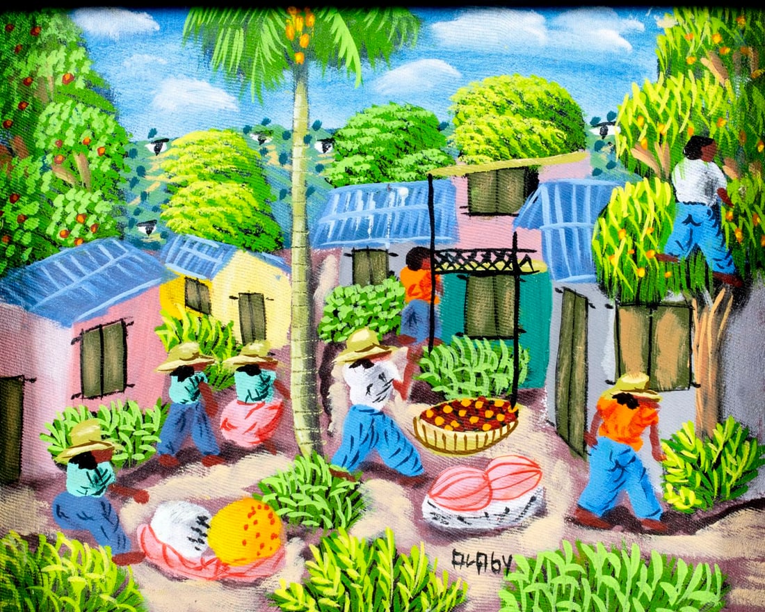 L Y Alaby (Haiti,20C) oil painting: ARTIST: L Y Alaby (Haitian, 20 century) TITLE: Haitian Village Landscape MEDIUM: oil on canvas CONDITION: Overall good. No visible inpaint under UV light. ART SI