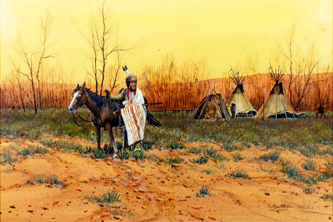 Austin Deuel (AZ,1939-2021) gouache painting: ARTIST: Austin Deuel (Arizona, 1939 - 2021) TITLE: Indian Camp Landscape with Teepees MEDIUM: gouache on paper CONDITION: Very good. Framed under glass. Some small scratch