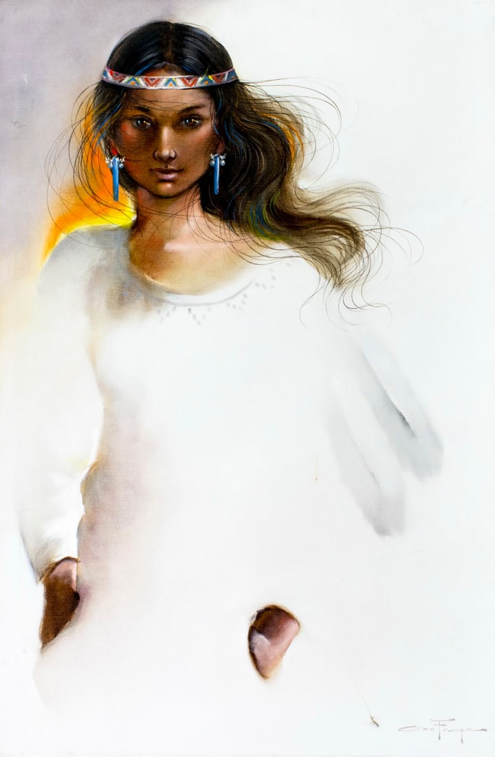 Ozz Franca (CA,Brazil,1928-1991) oil painting: ARTIST: Ozz Franca (California, Brazilian, 1928 - 1991) TITLE: Portrait of Indian Woman MEDIUM: oil on canvas CONDITION: One small patch. Some scratches/paint losses. No v