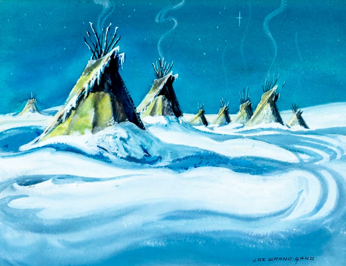 Joe Waano Gano (CA,1906-1982) watercolor painting: ARTIST: Joe Theodore Waano Gano (California, 1906 - 1982) TITLE: Winter Landscape with Indian Teepees MEDIUM: watercolor on paper CONDITION: Overall good. Framed under gla