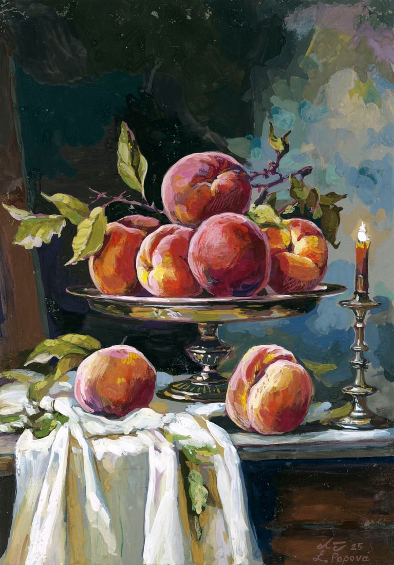 Lyubov Popova (Ukraine,20/21C) mixed media painting: ARTIST: Lyubov Popova (Ukrainian, 20/21 centuries) TITLE: Still Life with Peaches adn Candle MEDIUM: mixed media on heavy paper CONDITION: Some small paint losses (see pictu