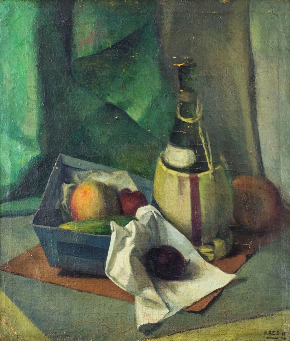A Sica (US,mid 20C) oil painting: ARTIST: A Sica (American, mid 20 century) NAME: Still Life with Wine and Fruits YEAR: 1940 MEDIUM: oil on canvas CONDITION: Some paint losses. Some craquelure. No visible