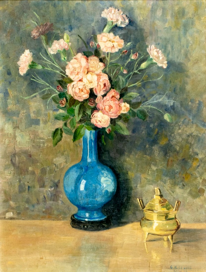 G K Levine (US,mid 20C) oil painting antique: ARTIST: G K Levine (American, mid 20 century) TITLE: Still Life with Vase of Flowers YEAR: 1938 MEDIUM: oil on canvas CONDITION: Some small paint losses.
