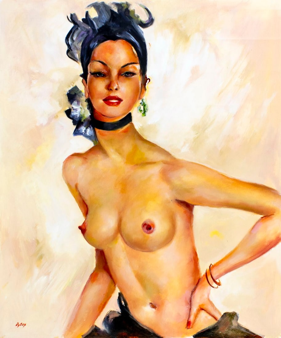 Dmitro Yaschenko (Ukraine,b 1990) oil painting AFTER Domergue: ARTIST: Dmitro Yaschenko (Ukrainian, b 1990) AFTER Jean Gabriel Domergue TITLE: Nude MEDIUM: oil on canvas CONDITION: Unstretched (In-House stretching available). Few crease