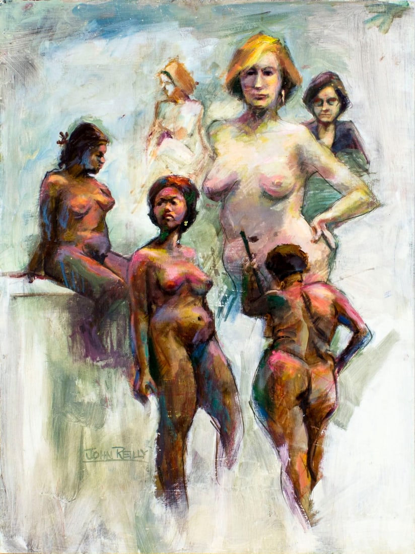 John Reilly (NY,NJ,1942-2021) oil painting: ARTIST: John Reilly (New York, New Jersey, 1942 - 2021) NAME: Female Nudes MEDIUM: oil on board CONDITION: Very good. No visible inpaint under UV light. SIGHT SIZE: 32 x 24 inches / 81 x