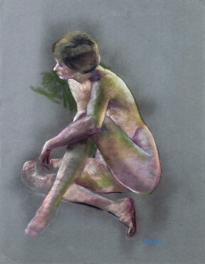 Maurice James Earle (NJ,1905-?) pastel painting: ARTIST: Maurice James Earle (New Jersey, 1905 - ???) TITLE: Nude MEDIUM: pastel on heavy paper CONDITION: Minor damage to lower right corner. One small tear to upper edge