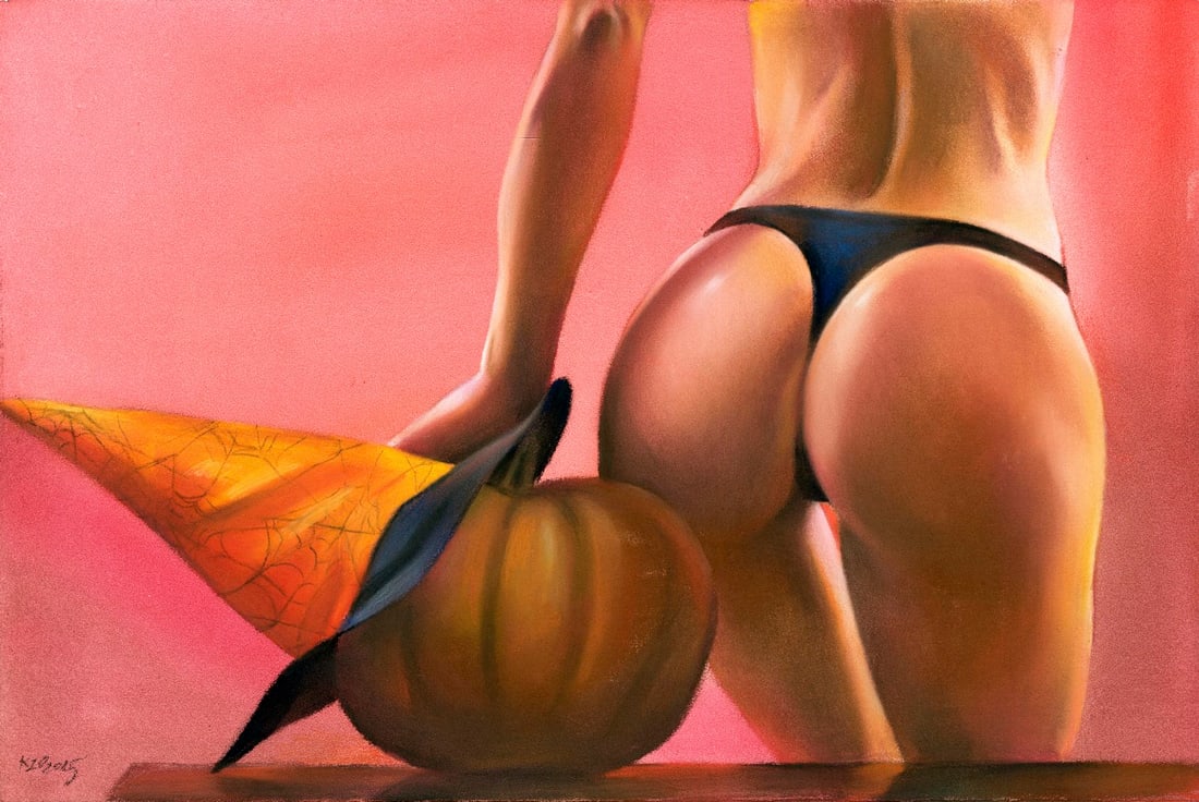 Olga Kuznezova (Ukraine,b 2000) pastel painting: ARTIST: Olga Kuznezova (Ukrainian, born 2000) TITLE: Female Semi Nude with Pumpkin MEDIUM: pastel on heavy paper CONDITION: Very good. ART SIZE: 8 x 12 i