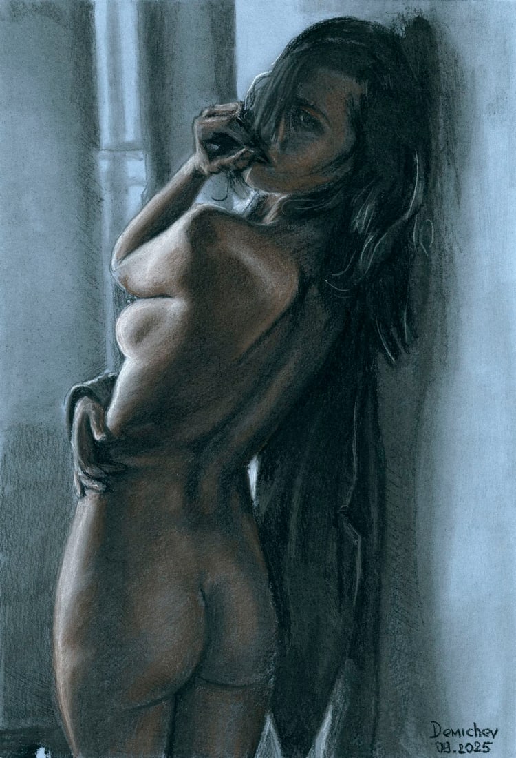 Oleksandr Demichev (Ukraine,20/21C) pastel painting: ARTIST: Oleksandr Demichev (Ukrainian, 20/21 centuries) TITLE: Nude MEDIUM: pastel on heavy paper CONDITION: Very good. ART SIZE: 17 x 12 inches / 43 x 3