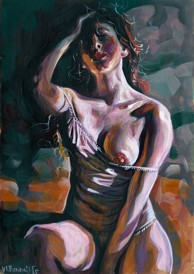 Valentin Ukrainets (Ukraine,b 1965) acrylic painting: ARTIST: Valentin Ukrainets (Ukrainian, born 1965) TITLE: Nude - Red on Black Model (titled on verso) MEDIUM: acrylic on heavy paper CONDITION: Very good. No visible inpaint