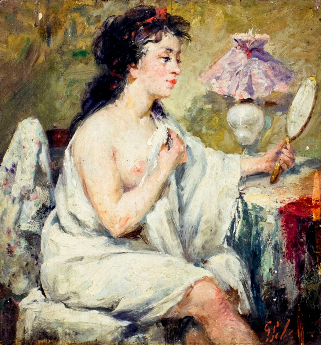 Antique 19C European oil painting signed: ARTIST: - (Europe, 19/20 centuries) TITLE: Semi Nude Woman with Mirror MEDIUM: oil on board CONDITION: Few paint spots. Minor craquelure. No visible inpaint under UV light