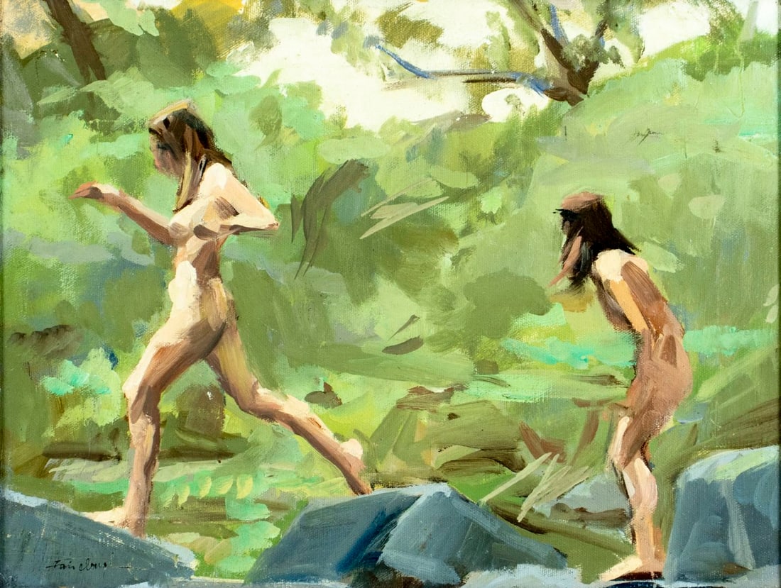 Gerald Fairclough (UT,1946-?) oil painting: ARTIST: Gerald Fairclough (Utah, 1946 - ???) TITLE: Landscape with Two Nudes MEDIUM: oil on canvas CONDITION: Overall good. No visible inpaint under UV light. Wear to fram