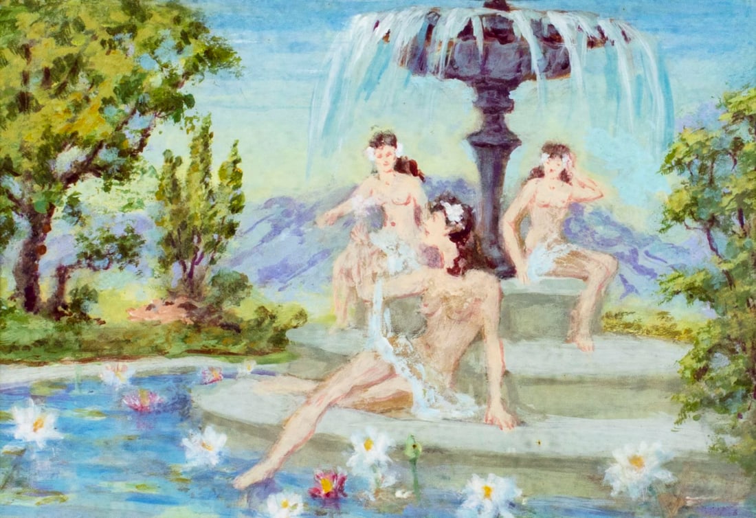 Samuel J Brocato (FL,mid 20C) gouache painting: ARTIST: Samuel J Brocato (Florida, mid 20 Century) NAME: Fountain with Three Nudes MEDIUM: gouache on paper CONDITION: Very good. Some age toning and foxing to mat. Framed under glass. Wear