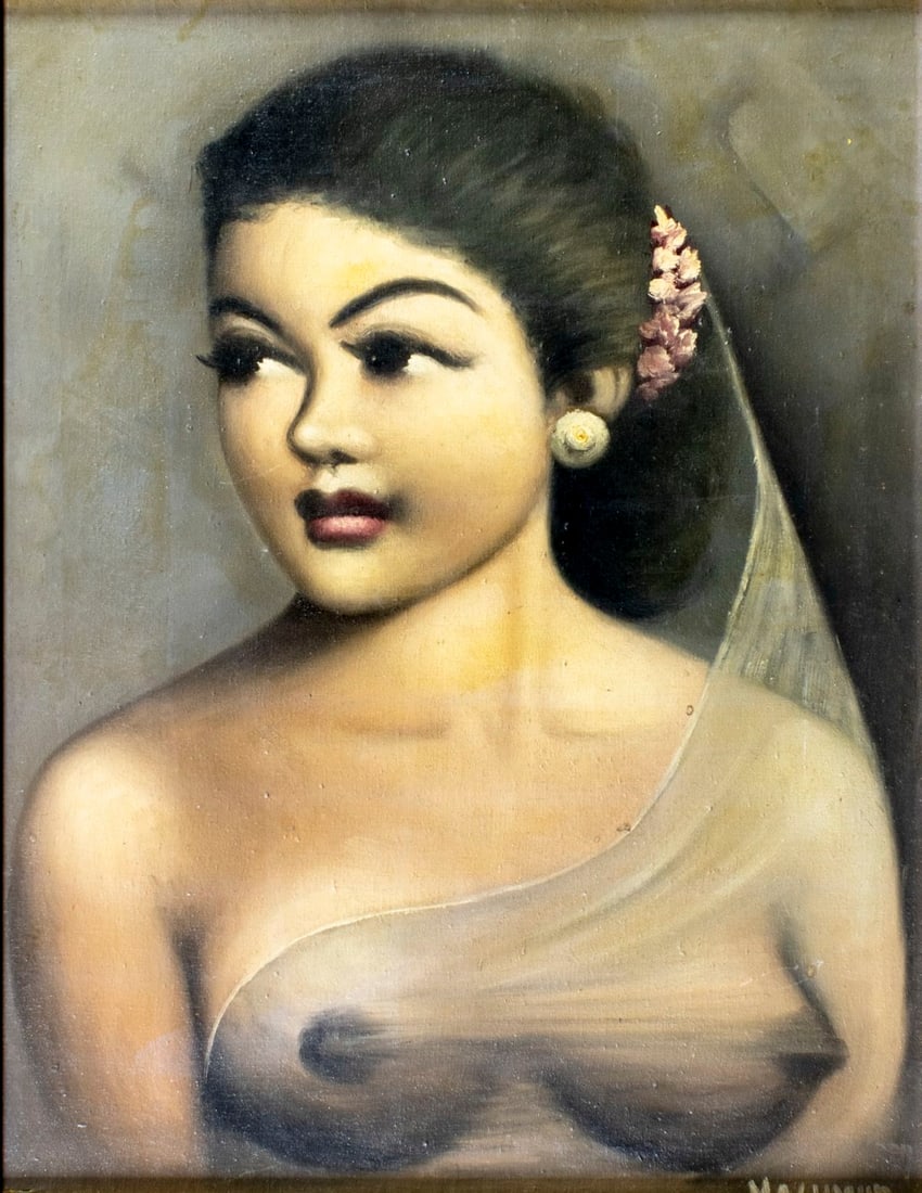 Machmud (Indonesia,mid 20C) oil painting signed: ARTIST: Machmud (Indonesian, mid 20 century) TITLE: Female Semi Nude MEDIUM: oil on canvas CONDITION: Few minor scratches/paint losses. No visible inpaint under UV light.