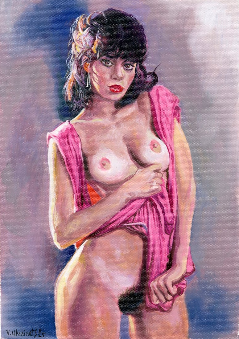 Valentin Ukrainets (Ukraine,b 1965) oil painting: ARTIST: Valentin Ukrainets (Ukrainian, born 1965) TITLE: Nude - Lady with Pink Cloth (titled on verso) MEDIUM: oil on canvas CONDITION: Unstretched (In-House stretching avai