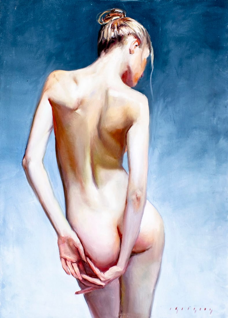 Igor Grey (Ukraine,b 1975) oil painting: ARTIST: Igor Grey (Ukrainian, born 1975) TITLE: Nude MEDIUM: oil on canvas CONDITION: Unstretched (In-House stretching available). Few small faint scratches. No visible inpa