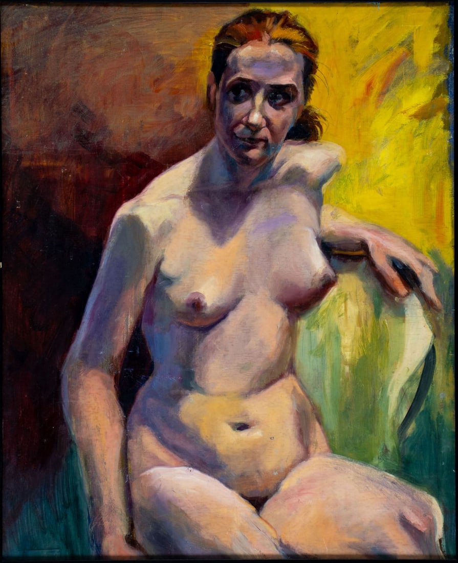 John Reilly (NY,NJ,1942-2021) oil painting: ARTIST: John Reilly (New York, New Jersey, 1942 - 2021) TITLE: Seated Nude MEDIUM: oil on board CONDITION: Some scratches/paint losses. No visible inpaint under UV light.<