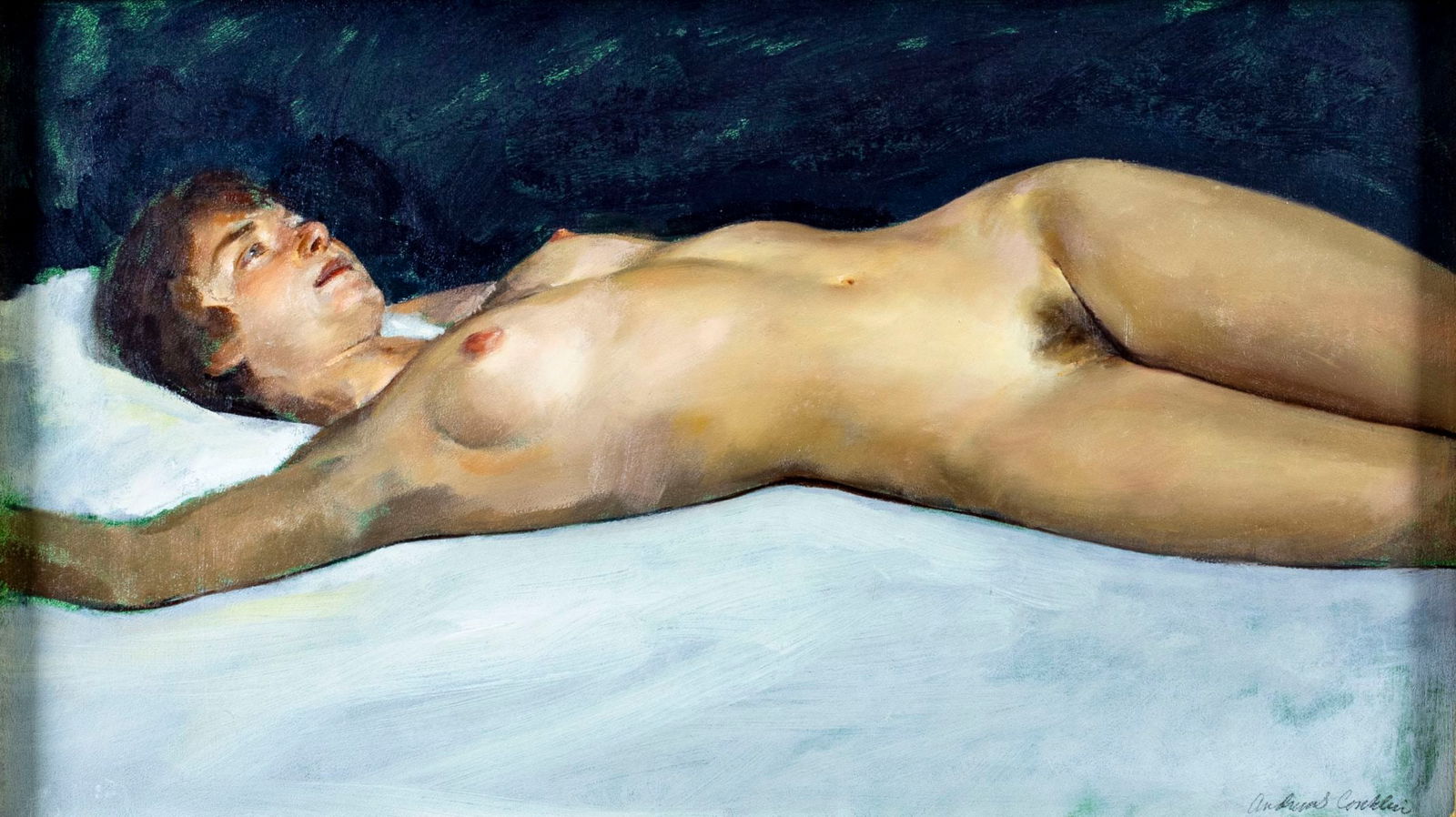 Andrew Conklin (IL,b 1961) oil painting: ARTIST: Andrew S Conklin (Illinois, born 1961) TITLE: Reclining Nude YEAR: 1994 MEDIUM: oil on board CONDITION: Very good. No visible inpaint under UV li