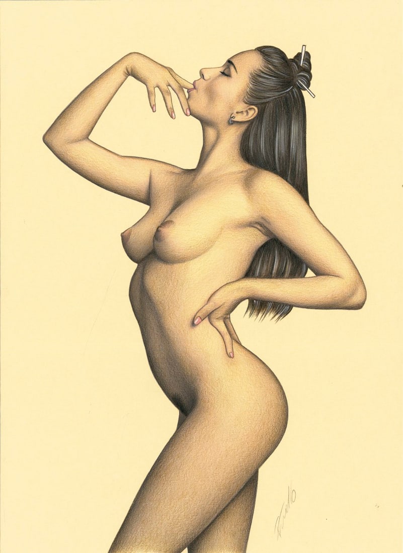 Rene Prudlo (German,b 1974) colored pencil painting: ARTIST: Rene Prudlo (Germany, born 1974) TITLE: Nude MEDIUM: colored pencil on heavy paper CONDITION: Very good. ART SIZE: 12 x 8 inches / 30 x 20 cm