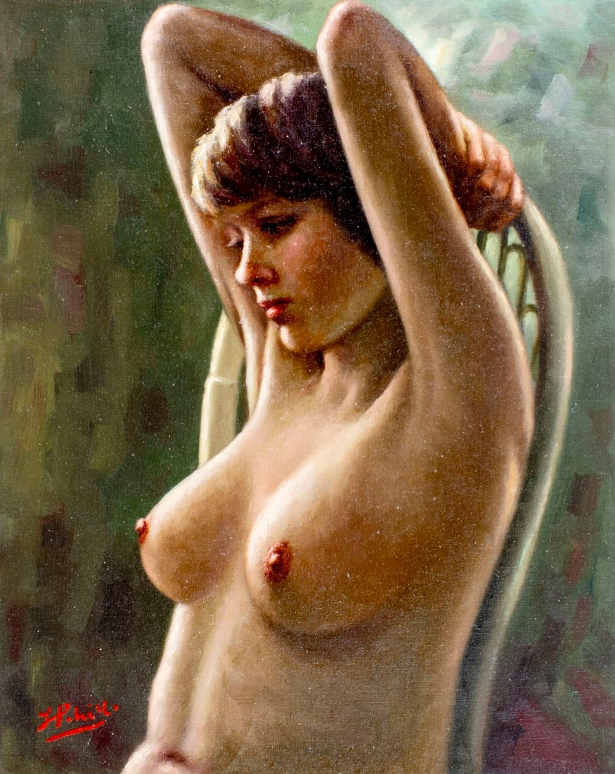 F Petrillo (Italy,20C) oil painting: ARTIST: F Petrillo (Italian, 20 century) TITLE: Nude MEDIUM: oil on canvas CONDITION: Unstretched (In-House stretching available). Minor paint losses. No visible inpaint und