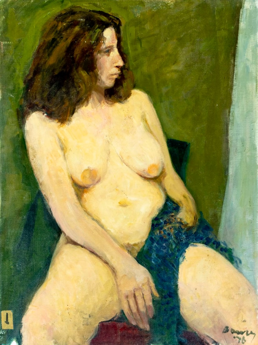 Albert Bela Bauer (Hungary,1899-1998) oil painting: ARTIST: Albert Bela Bauer (Hungarian, 1899 - 1998) TITLE: Seated Nude YEAR: 1976 MEDIUM: oil on canvas board CONDITION: Some scratches mostly in the up