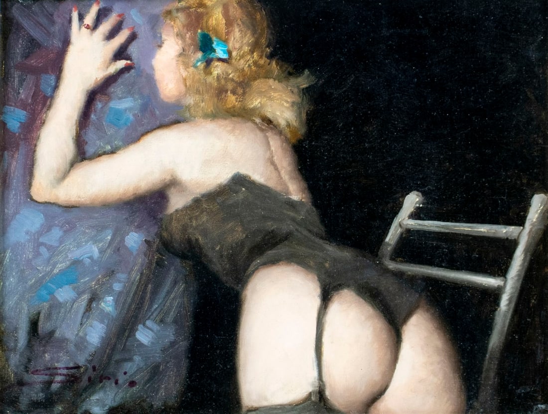 Sirio Terrabuio Magni (Italy,1897-?) oil painting: ARTIST: Sirio Terrabuio Magni (Italian, 1897 - ???) TITLE: Female Semi Nude MEDIUM: oil on canvas. Canvas applied to board. CONDITION: Very minor craquelure. No visible in