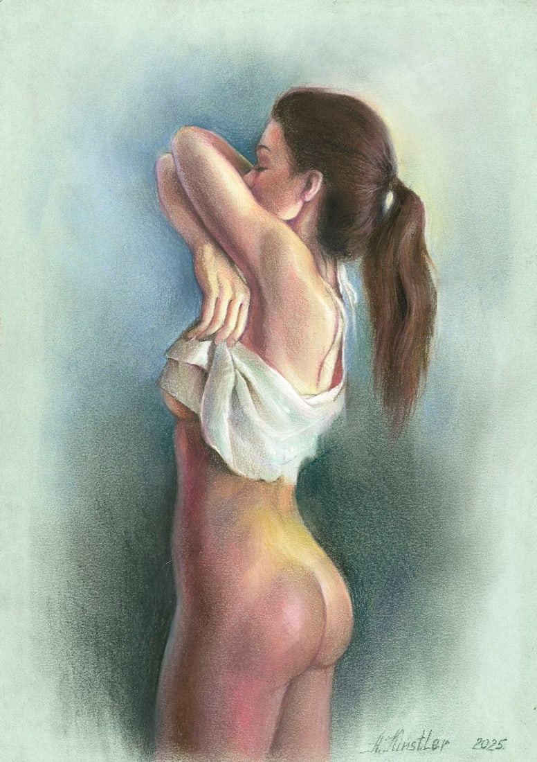 Anna Kintsler (Ukraine,b 2001) pastel painting: ARTIST: Anna Kintsler (Ukrainian, born 2001) TITLE: Nude MEDIUM: pastel on heavy paper CONDITION: Very good. ART SIZE: 12 x 8 inches / 30 x 20 cm