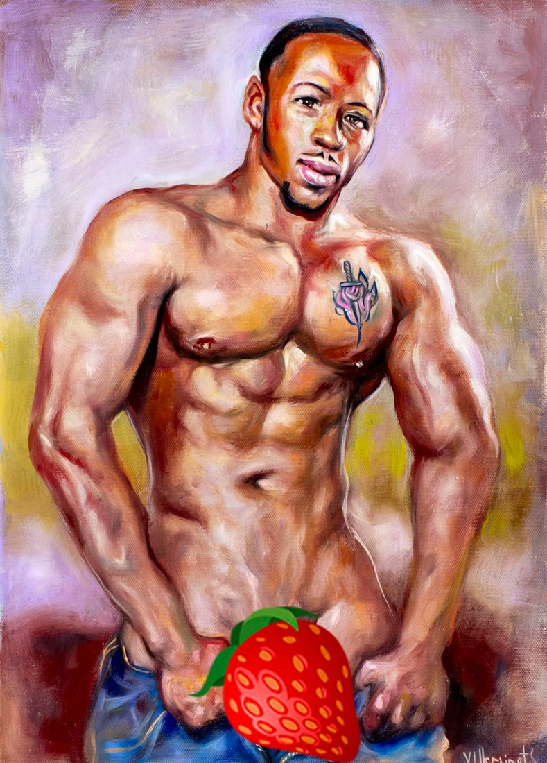 Valentin Ukrainets (Ukraine,b 1965) oil painting: ARTIST: Valentin Ukrainets (Ukrainian, born 1965) TITLE: Male Nude - A Man in Jeans (titled on verso) MEDIUM: oil on canvas CONDITION: Unstretched (In-House stretching avail