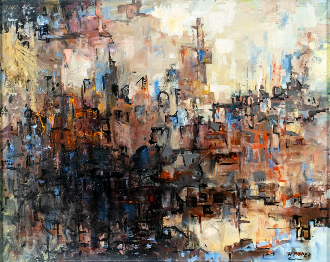 Hugo Pieper (IL,20C) oil painting: ARTIST: Hugo J Pieper (Illinois, 20 century) TITLE: Abstract Composition MEDIUM: oil on canvas CONDITION: Few minor paint losses. No visible inpaint under UV light. Wear to
