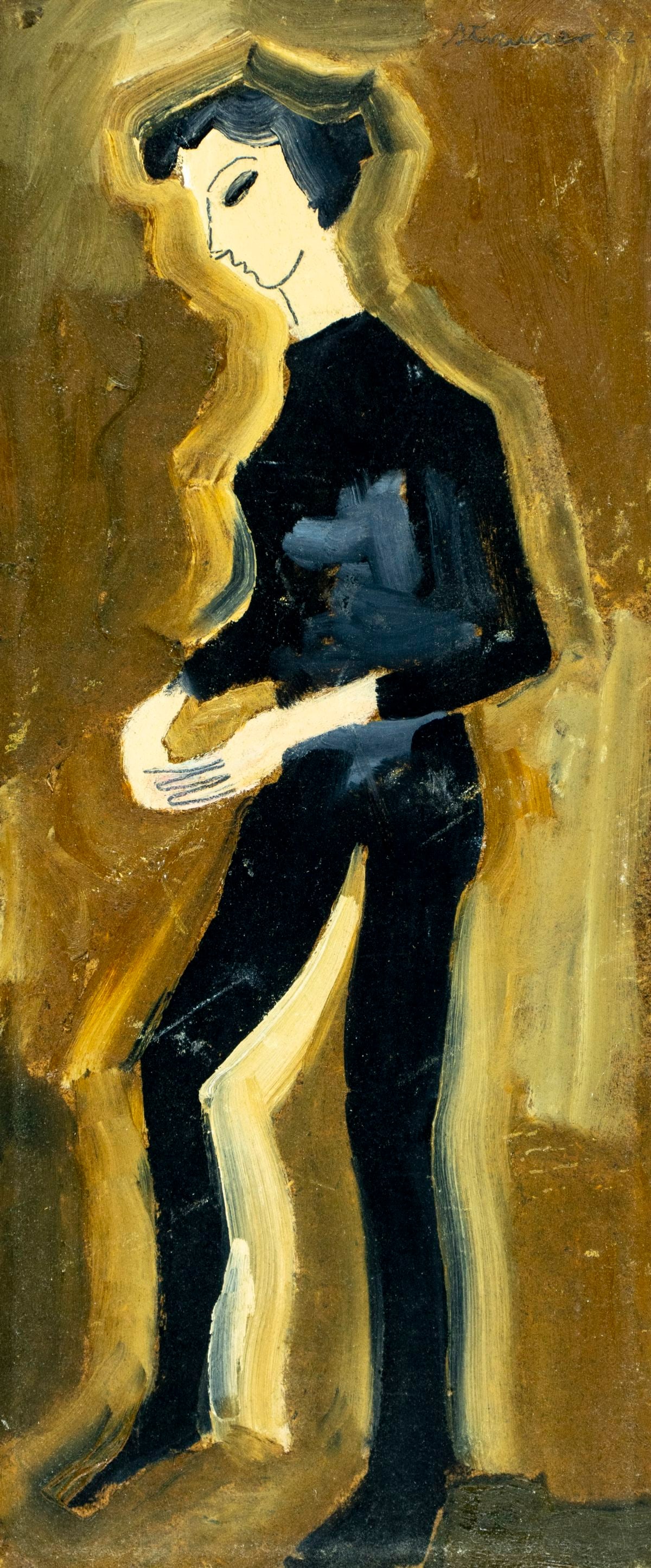 Sterling Strauser (PA,1907-1995) oil painting: ARTIST: Sterling Boyd Strauser (Pennsylvania, 1907 - 1995) TITLE: Woman in Black MEDIUM: oil on board CONDITION: Overall good. No visible inpaint under UV light. Normal we