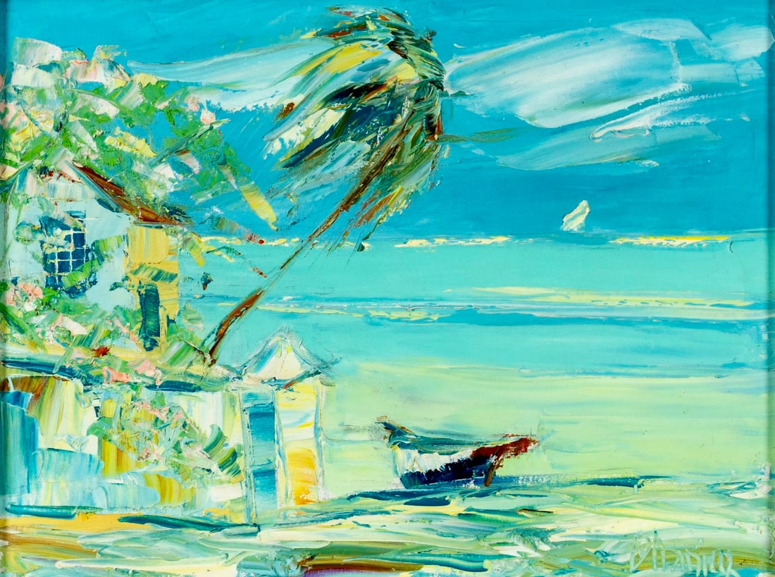 Peter D'amico (Italy,NY,1924-2005) oil painting: ARTIST: Peter John D'amico (Italian, New York, 1924 - 2005) TITLE: Seascape MEDIUM: oil on canvas CONDITION: One small patch. Some small paint losses. Minor craquelure. N