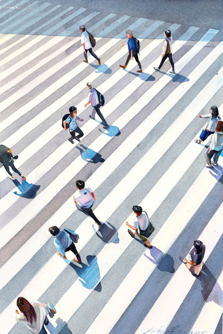 Mikhaylo Dmytriv (Ukraine,b 1997) watercolor painting: ARTIST: Mikhaylo Dmytriv (Ukraine, born 1997) TITLE: Street Scene MEDIUM: watercolor on heavy paper CONDITION: Very good. ART SIZE: 12 x 8 inches / 30 x