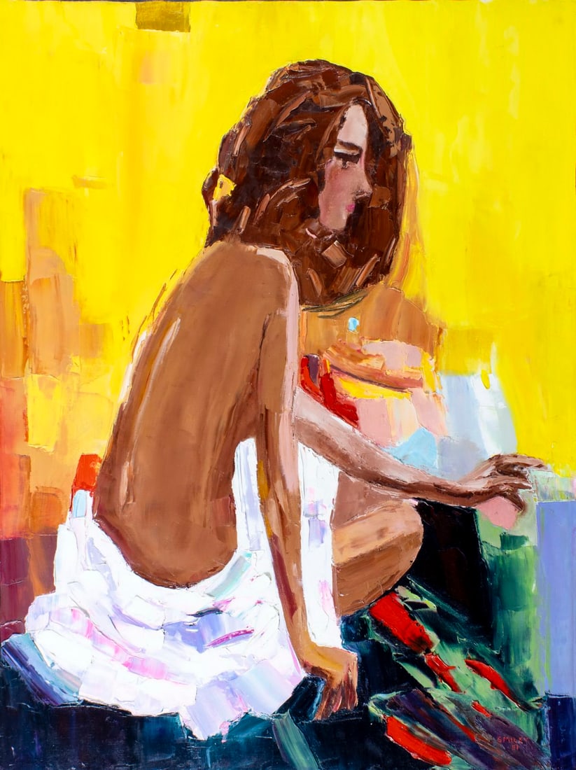 Sidney Smiley (WA,IL,1912-2002) acrylic painting: ARTIST: Sidney Smiley (Washington, Illinois, 1912 - 2002) TITLE: Seated Female Semi Nude YEAR: 1981 MEDIUM: acrylic on canvas CONDITION: Few minor pain