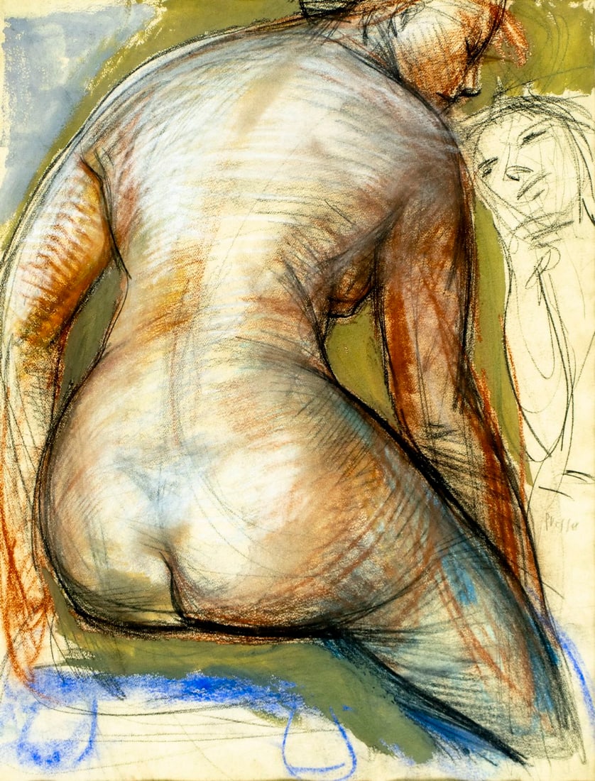 Josef Presser (MA,NY,1907-1967) mixed media painting: ARTIST: Josef Presser (Massachusetts, New York, 1907 - 1967) TITLE: Nude MEDIUM: mixed media on paper CONDITION: Some age toning. Framed under glass. Wear to frame.
