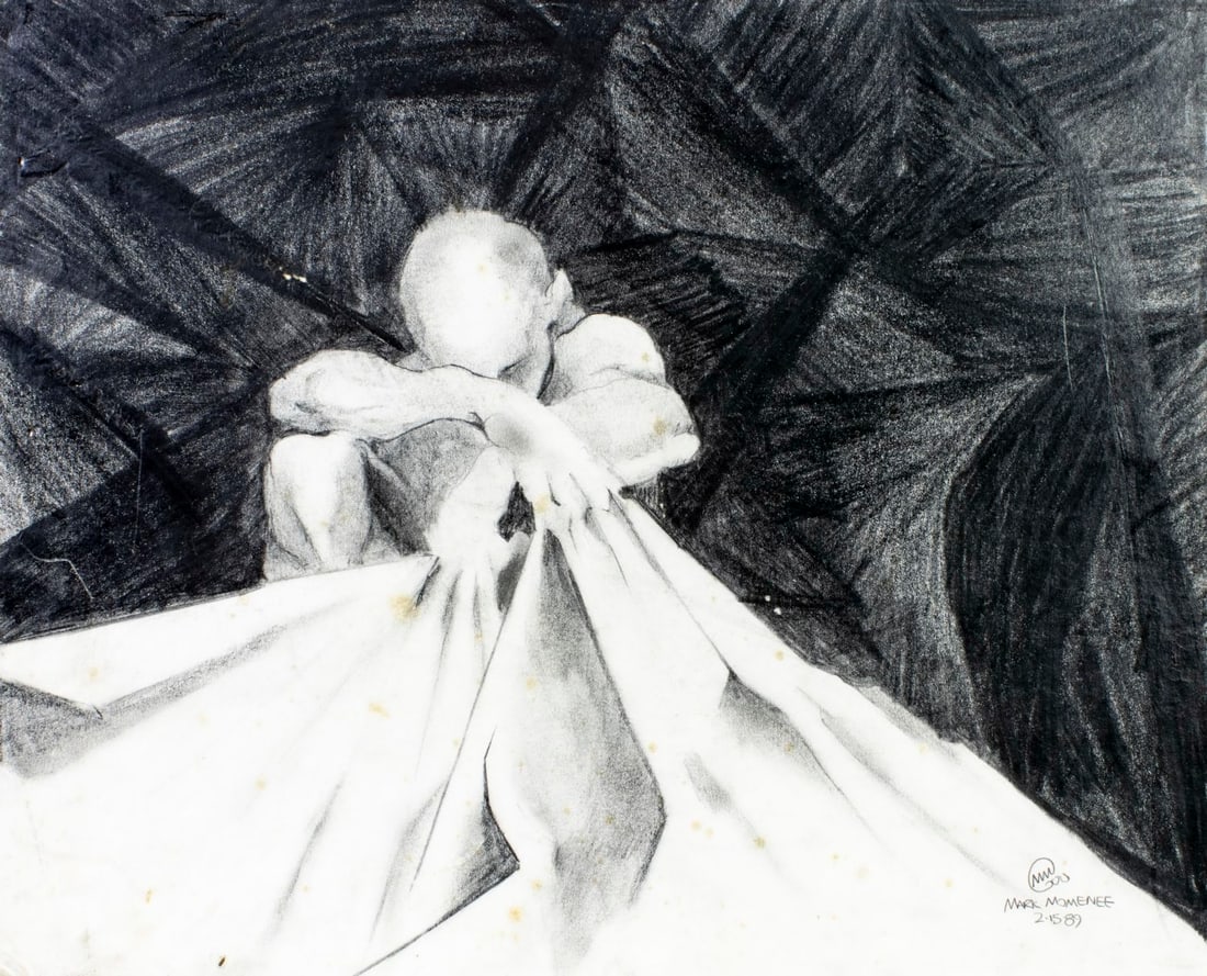 Mark Momenee (US,20C) graphite painting: ARTIST: Mark Momenee (American, 20 century) TITLE: Deep Thinking YEAR: 1989 MEDIUM: graphite on board CONDITION: Some small scratches/paint losses. Some