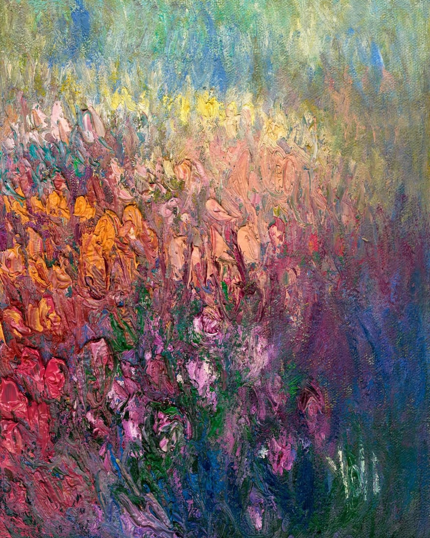 Yolanda Razzeto (Peru,1948-?) oil painting: ARTIST: Yolanda Razzeto (Peruvian, 1948 - ???) TITLE: Flower Field Landscape MEDIUM: oil on canvas CONDITION: Unstretched (In-House stretching available). Very good. No vi