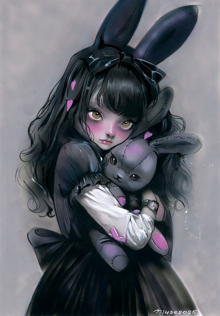 Olga Dolgikova (Ukraine,b 1967) acrylic painting: ARTIST: Olga Dolgikova (Ukrainian, born 1967) TITLE: Girl with Toy MEDIUM: acrylic on heavy paper CONDITION: Very good. ART SIZE: 17 x 12 inches / 43 x 3