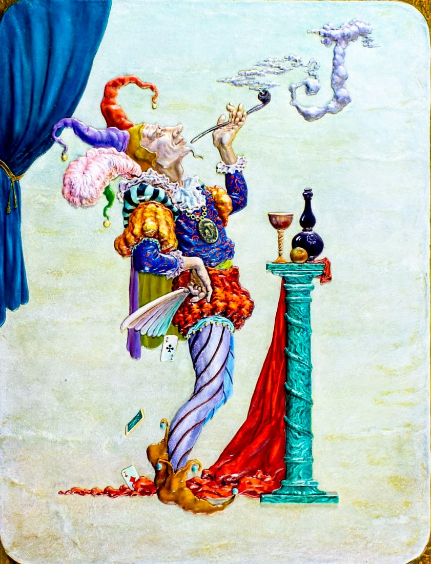 V B Dobroserdov (Russia,20C) mixed media painting: ARTIST: V B Dobroserdov (Russian, 20 century) TITLE: Jester (titled on verso) YEAR: 1997 MEDIUM: mixed media on board CONDITION: Few very minor paint los