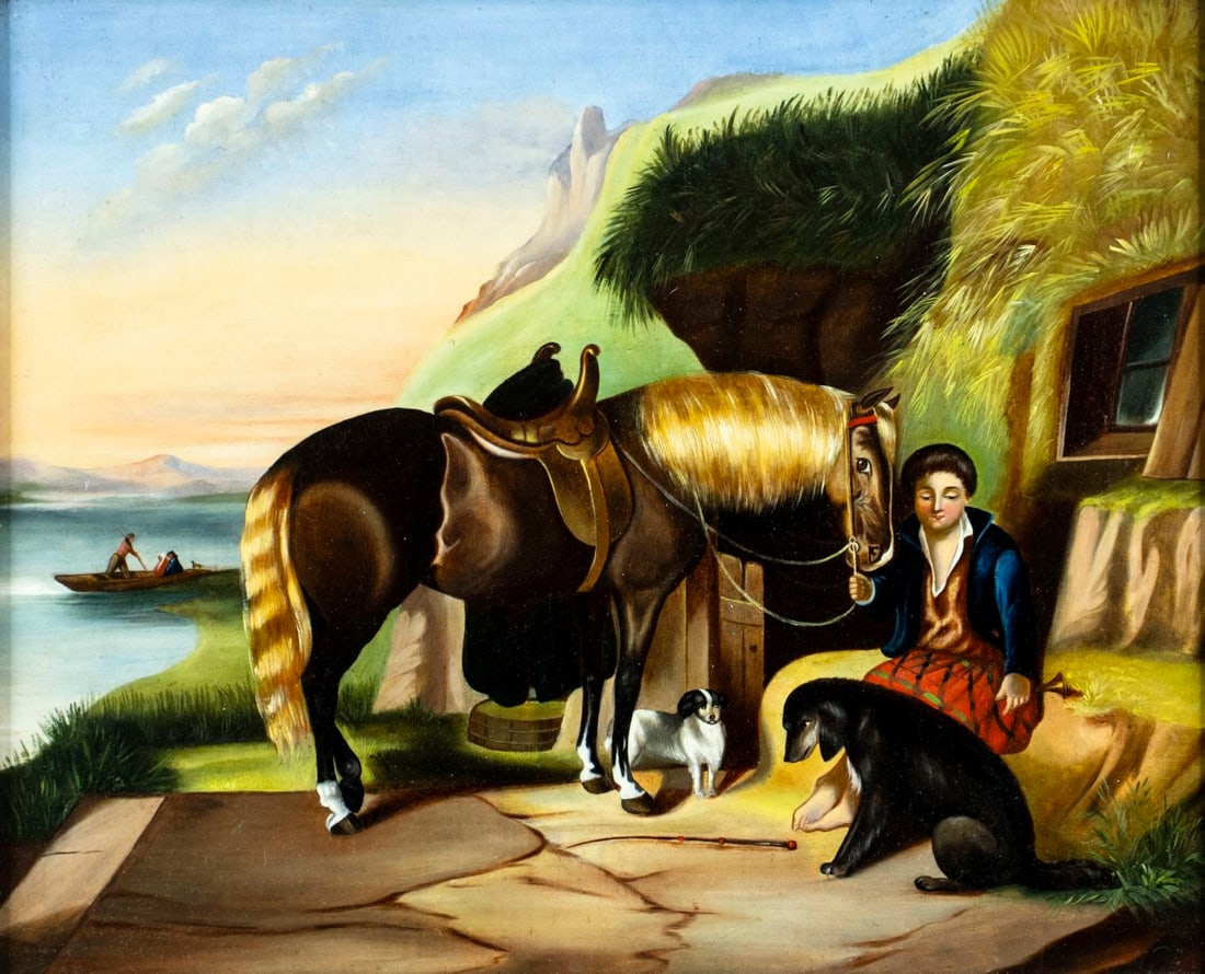 Antique 19C American oil painting: ARTIST: - (American, 19 century) TITLE: Man with Horse and Dogs MEDIUM: oil on canvas CONDITION: Few minor paint losses. Some craquelure. No visible inpaint under UV light