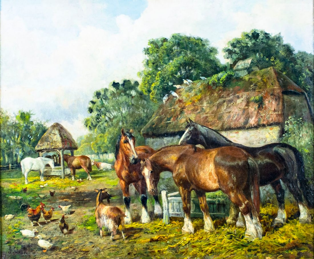 Samuel Joseph Clark (UK,1834-1912) oil painting antique: ARTIST: Samuel Joseph Clark (United Kingdom, 1834 - c. 1912) TITLE: Farm Scene with Horses MEDIUM: oil on canvas CONDITION: Relined. Some paint losses. Minor stable craque