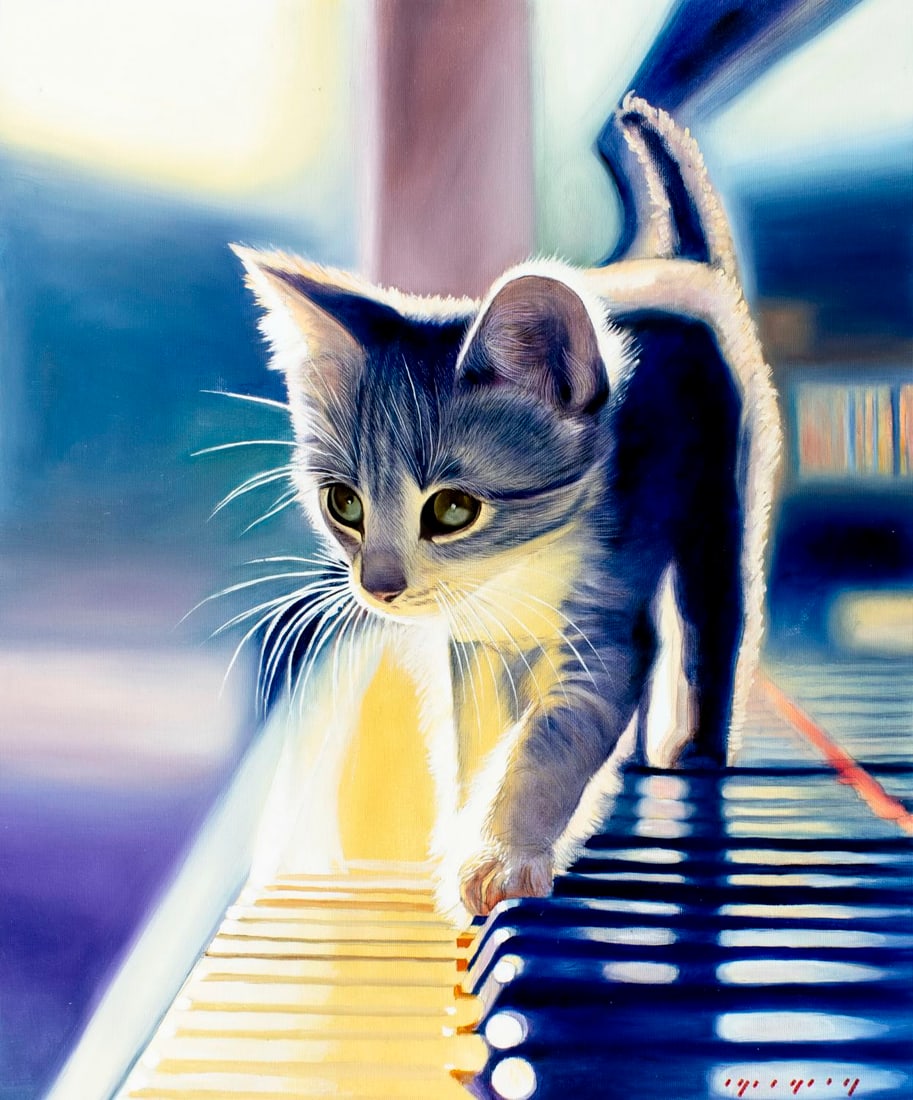 Igor Grey (Ukraine,b 1975) oil painting: ARTIST: Igor Grey (Ukrainian, born 1975) TITLE: Cat on Piano MEDIUM: oil on canvas CONDITION: Unstretched (In-House stretching available). Very good. No visible inpaint unde