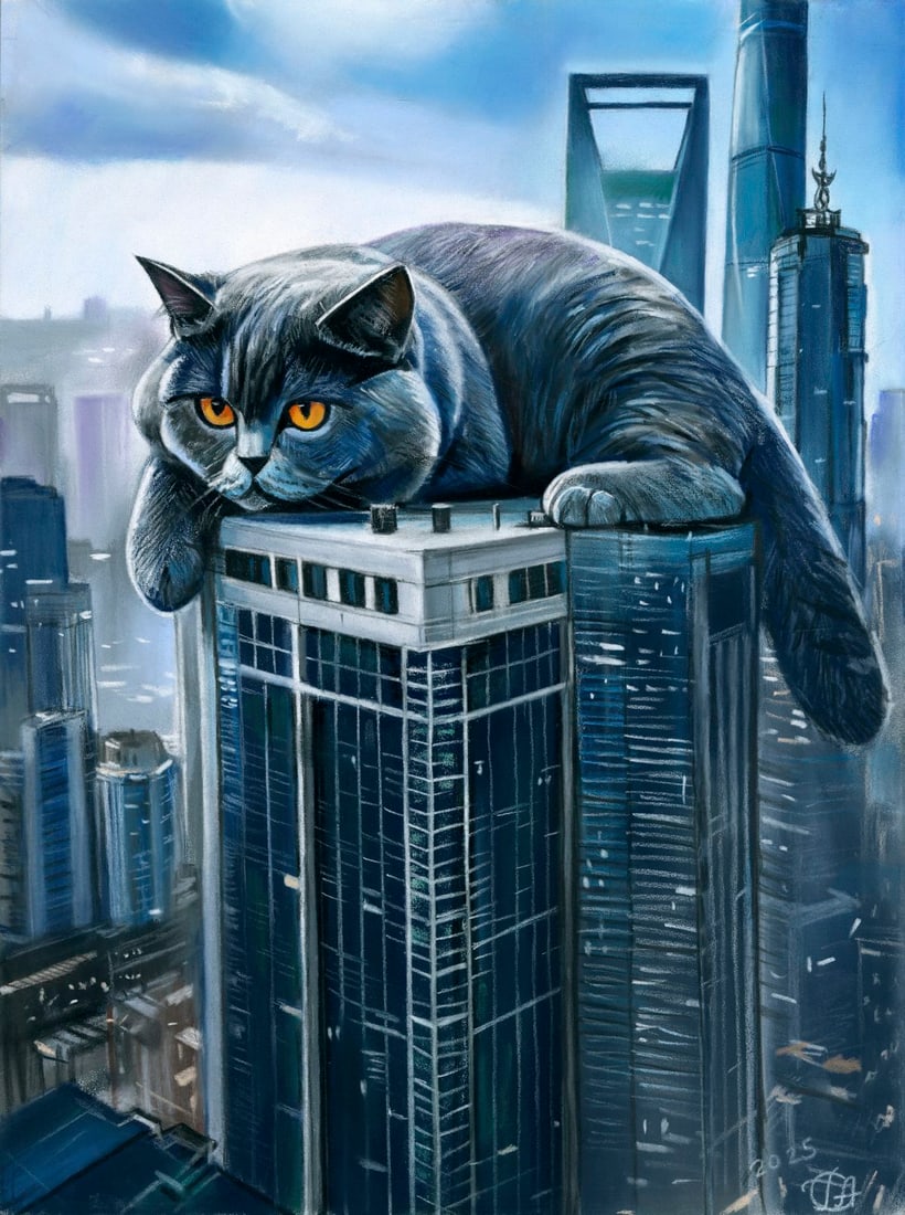 Genadiy Achkasov (Ukraine,b 1965) pastel painting: ARTIST: Genadiy Achkasov (Ukrainian, born 1965) TITLE: Cat on Skyscraper MEDIUM: pastel on heavy paper CONDITION: Few minor scratches along edges. ART SIZE: