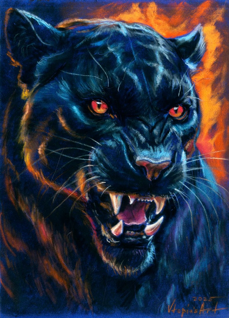 Olesya Grebenyuk (Ukraine,20/21C) pastel painting: ARTIST: Olesya Grebenyuk (Ukrainian, 20/21 centuries) TITLE: Black Panther MEDIUM: pastel on heavy paper CONDITION: Very good. ART SIZE: 12 x 8 inches /