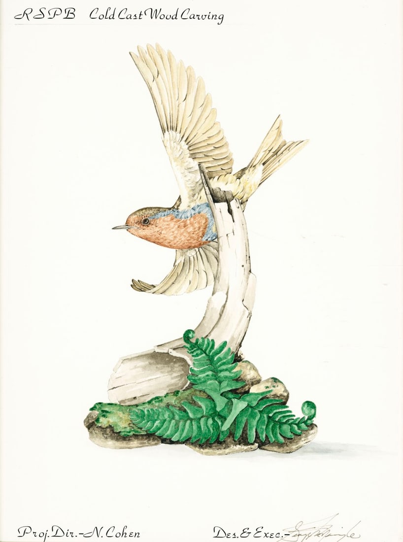 George McMonigle (PA,Hawaii,b 1951) watercolor painting: ARTIST: George McMonigle (Pennsylvania, Hawaii, born 1951) TITLE: Bird MEDIUM: watercolor on board CONDITION: Few pinholes by the corners. Minor age toning. ART S