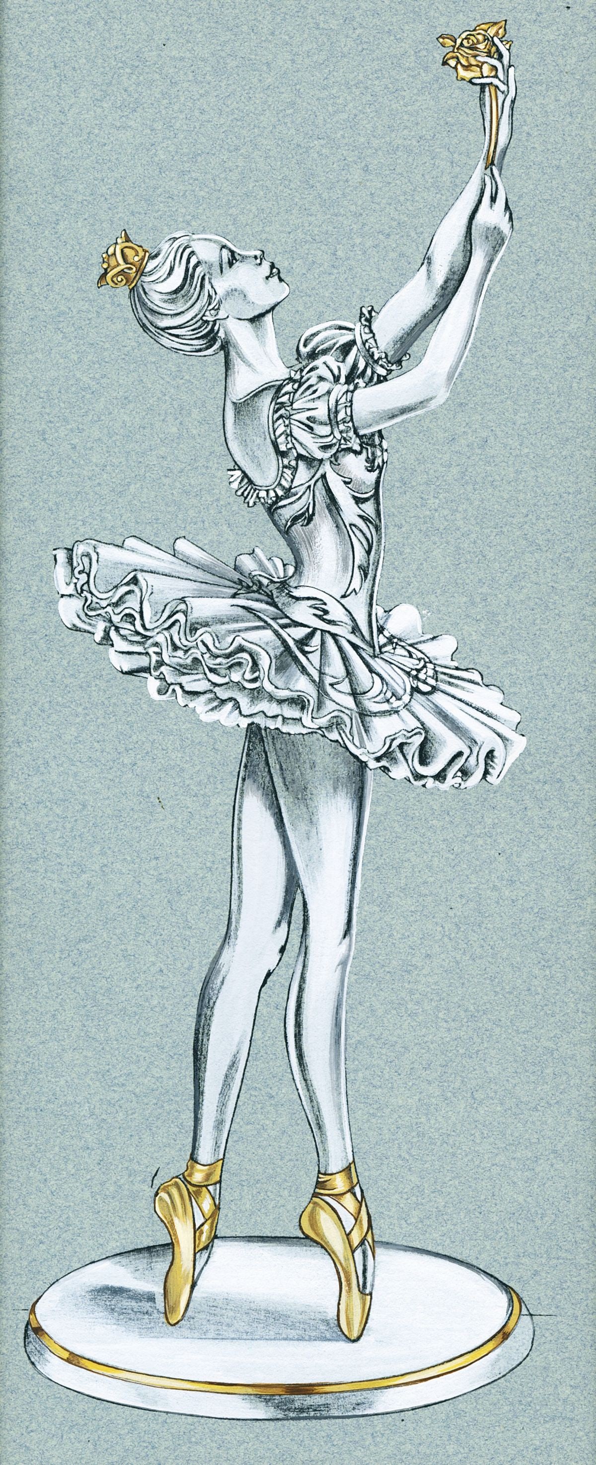 Joan Smith Pilallis (PA,1947-2022) gouache painting: ARTIST: Joan Smith Pilallis (Pennsylvania, 1947 - 2022) TITLE: Ballerina Figurine YEAR: 1985 MEDIUM: gouache on paper. Paper applied to board. CONDITION: