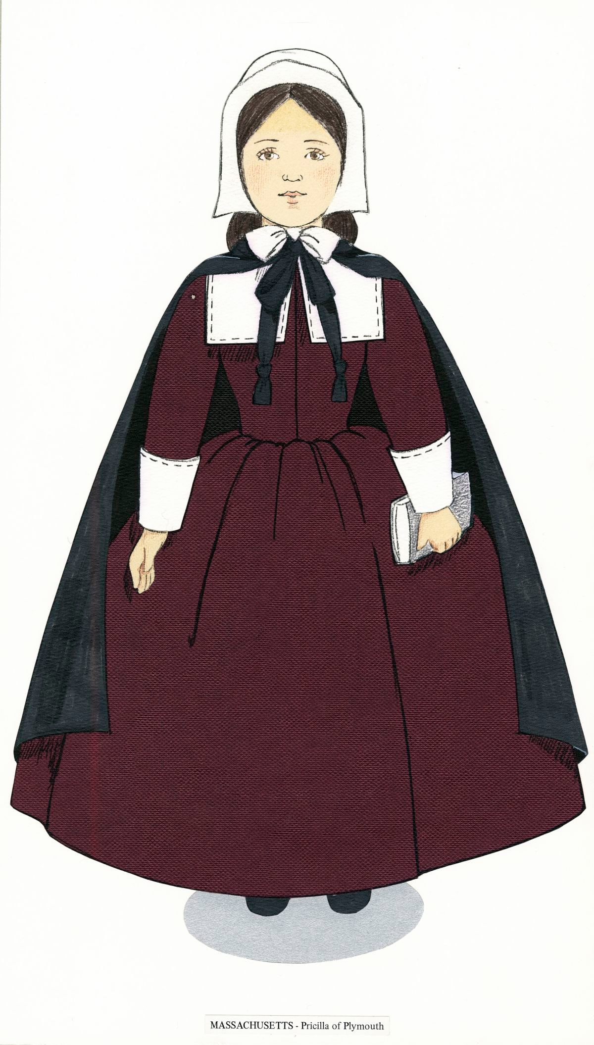 Whitney Anne Smith (US,20C) mixed media painting: ARTIST: Whitney Anne Smith (American, 20 century) TITLE: Little Maids of the 13 Colonies - Massachusetts - Pricilla of Plymouth MEDIUM: mixed media on board CONDITION: Few m